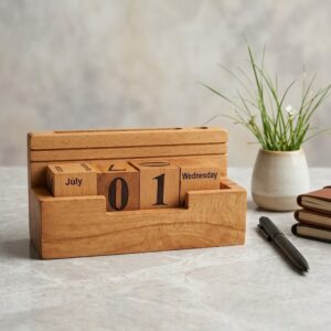 Premium Wooden Desktop Organizer with Perpetual Block Calendar & Smartphone Stand